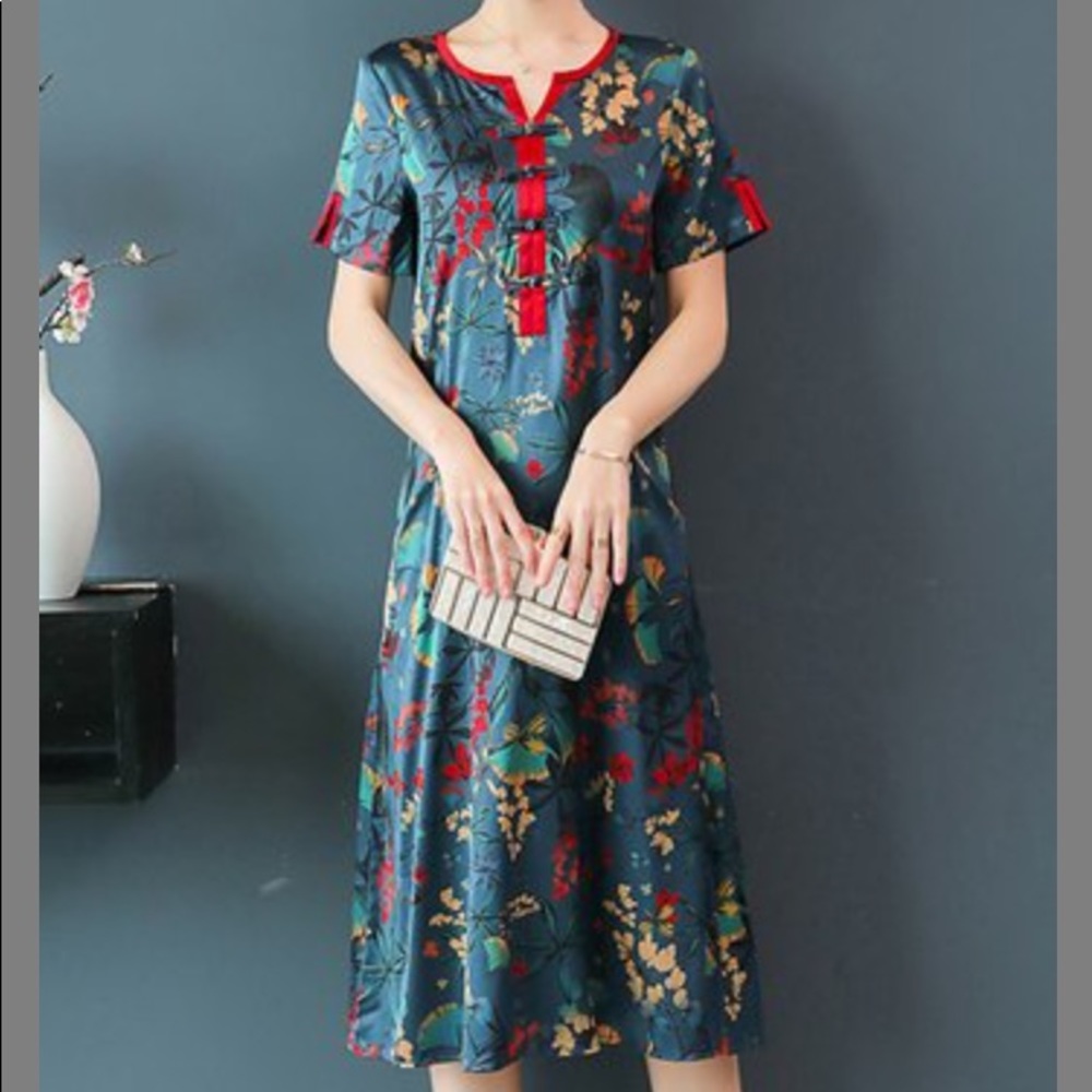 MODERN CHEONGSAM FLORAL CHINESE TEA LENGTH DRESS